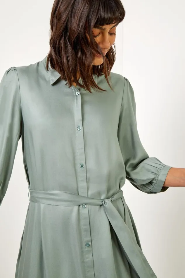 Women Sage Plain Midi Shirt Dress Roman Dresses