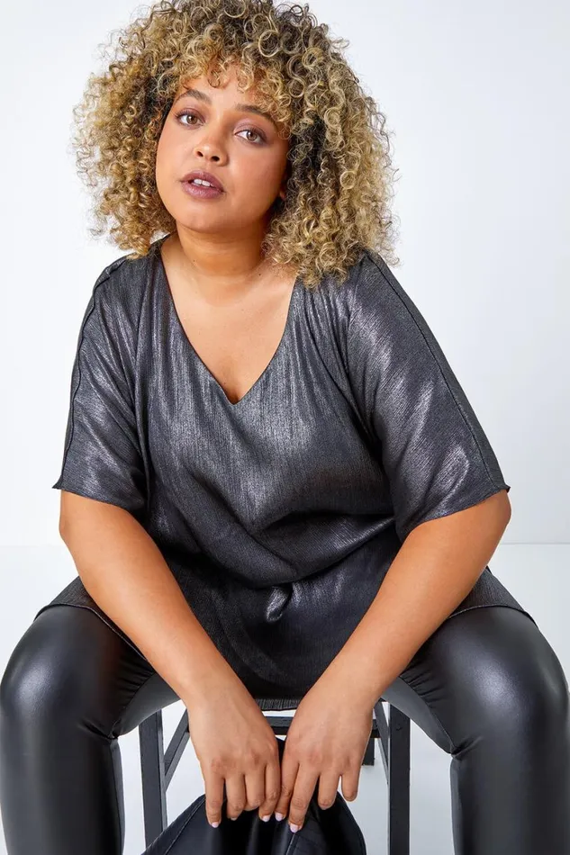 Women Silver Curve Shimmer VNeck Overlay Top Roman Tops
