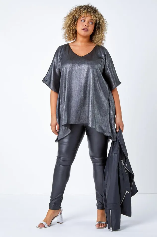 Women Silver Curve Shimmer VNeck Overlay Top Roman Tops
