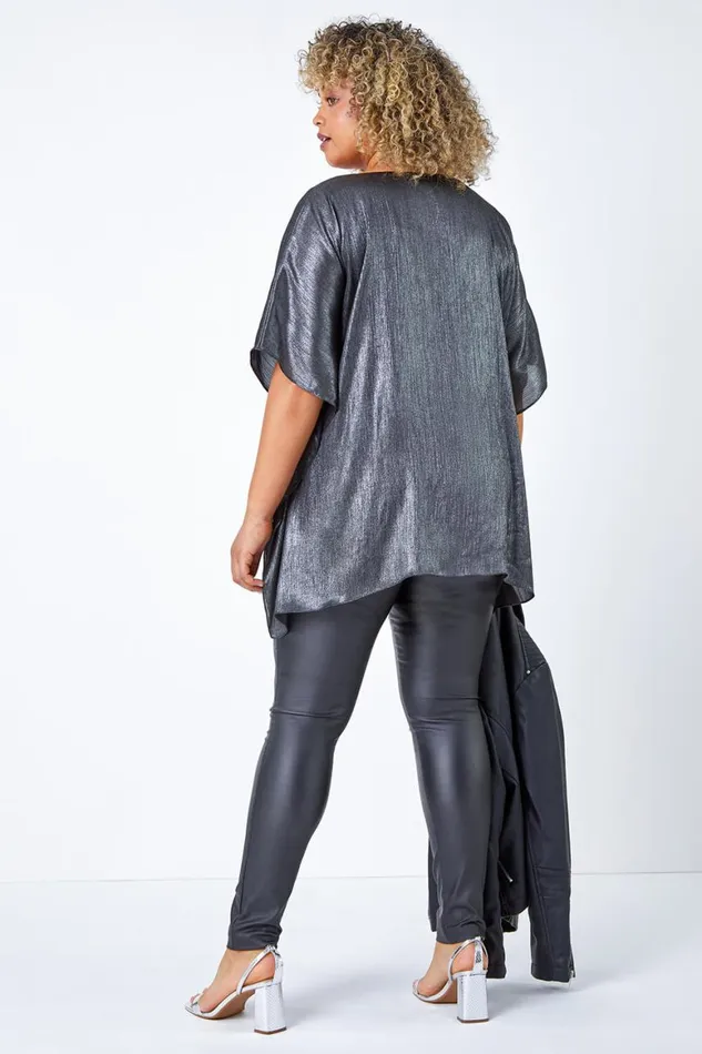 Women Silver Curve Shimmer VNeck Overlay Top Roman Tops