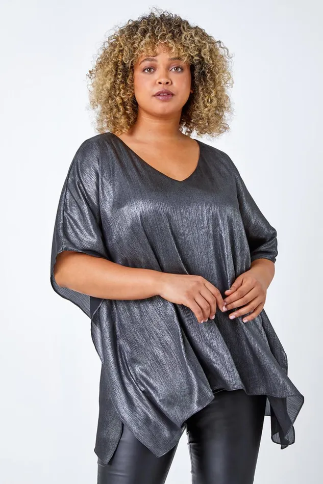 Women Silver Curve Shimmer VNeck Overlay Top Roman Tops