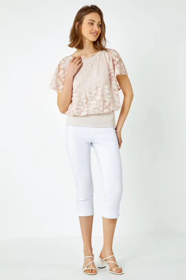 Women Stone Textured Floral Blouson Stretch Top Roman Tops