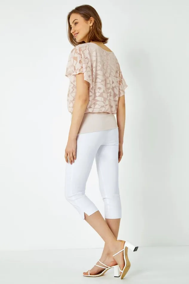 Women Stone Textured Floral Blouson Stretch Top Roman Tops