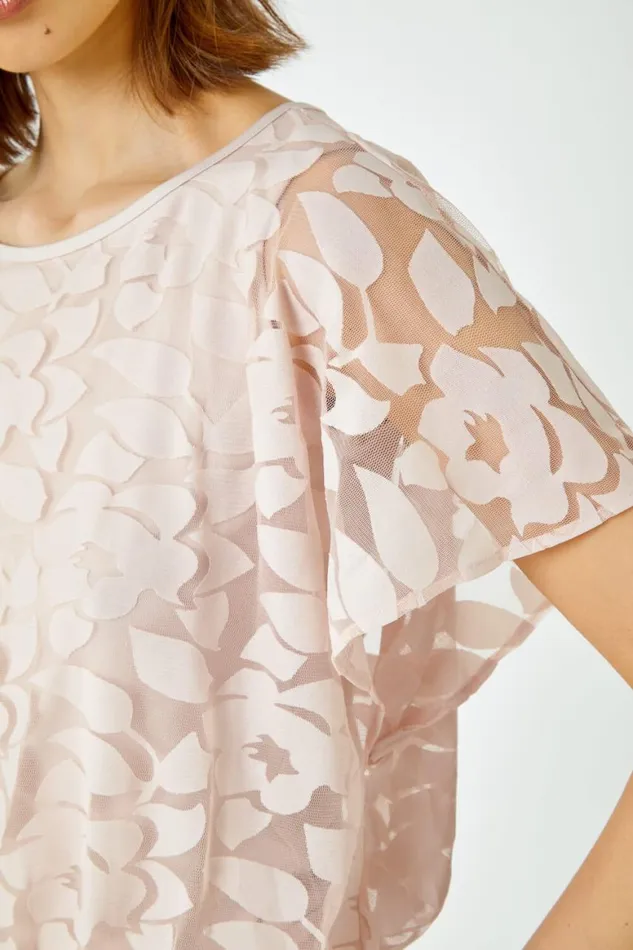 Women Stone Textured Floral Blouson Stretch Top Roman Tops