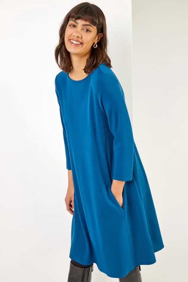 Women Teal ALine Pocket Detail Swing Dress Roman Dresses