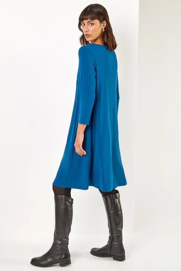 Women Teal ALine Pocket Detail Swing Dress Roman Dresses