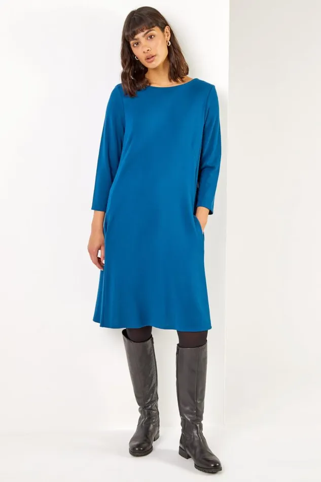 Women Teal ALine Pocket Detail Swing Dress Roman Dresses