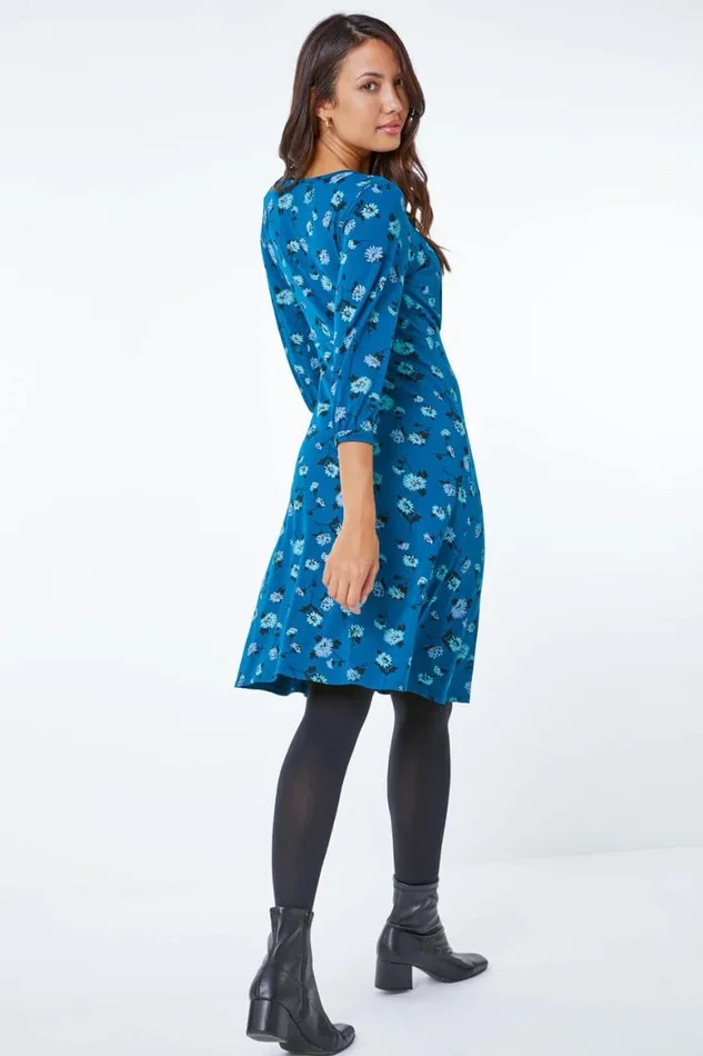 Women Teal Floral Print Gathered Tea Dress Roman Dresses