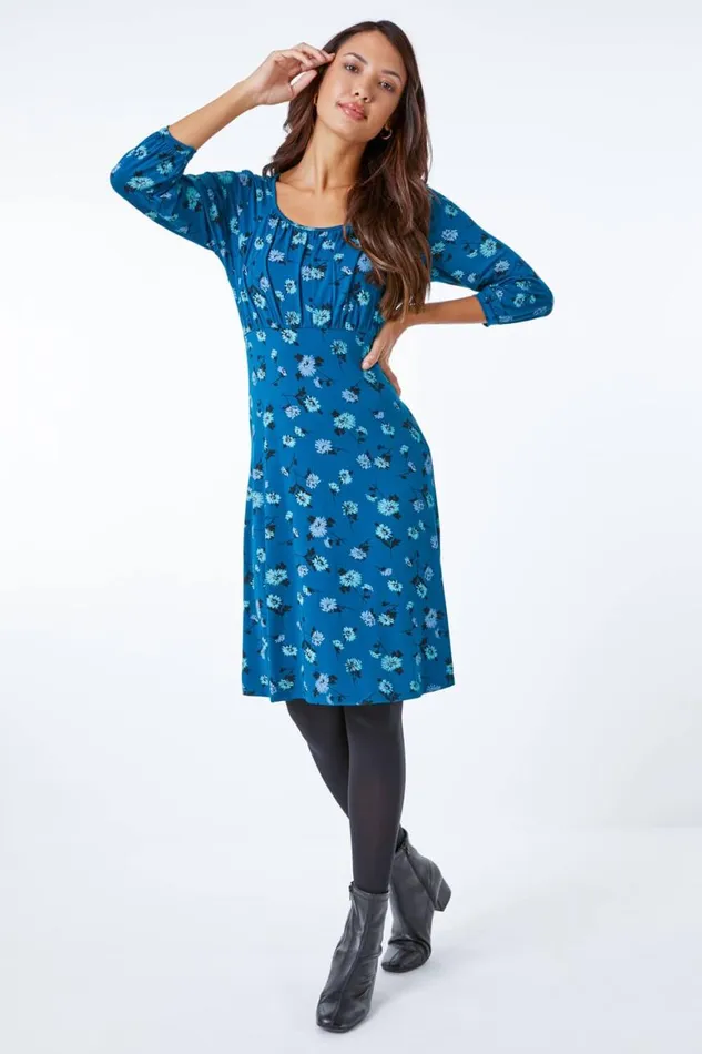 Women Teal Floral Print Gathered Tea Dress Roman Dresses