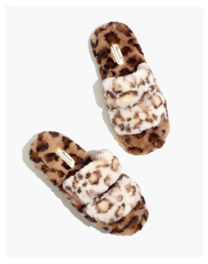 Women Two Strap Scuff Slippers In Leopard Recycled Faux Fur Melon Cedar Multi Madewell Slippers