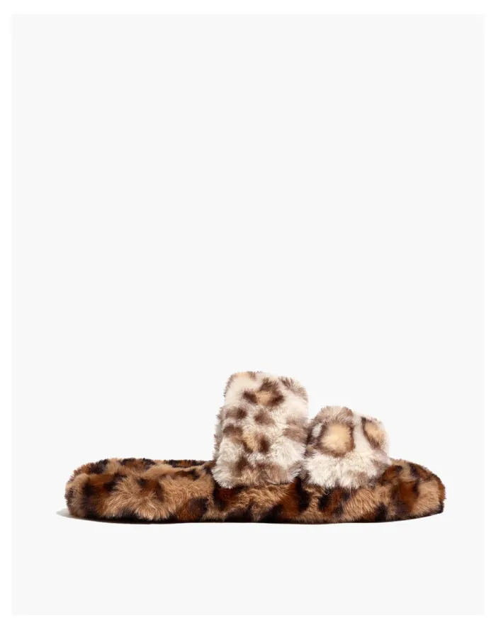 Women Two Strap Scuff Slippers In Leopard Recycled Faux Fur Melon Cedar Multi Madewell Slippers Women Two Strap Scuff Slippers In Leopard Recycled Faux Fur Melon Cedar Multi Madewell Slippers