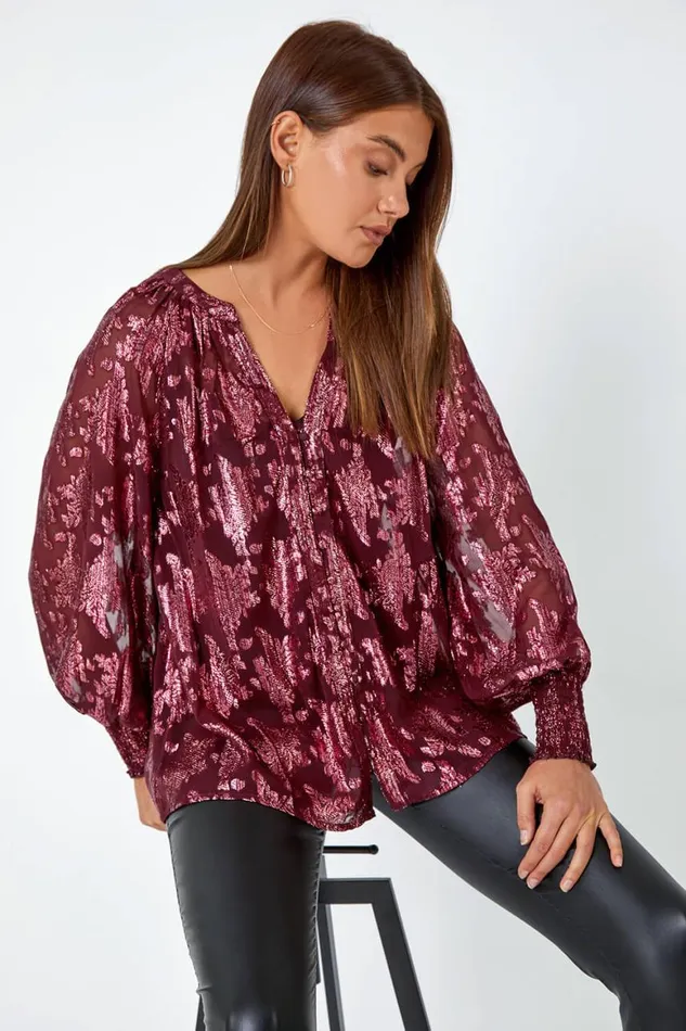 Women Wine Abstract Metallic Print VNeck Blouse Roman Tops