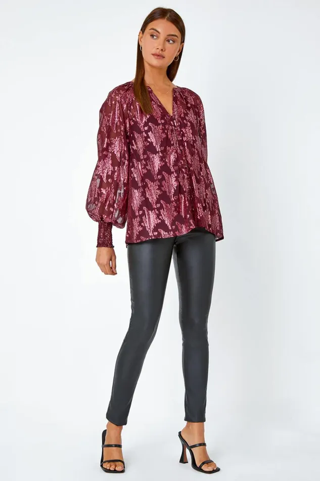 Women Wine Abstract Metallic Print VNeck Blouse Roman Tops