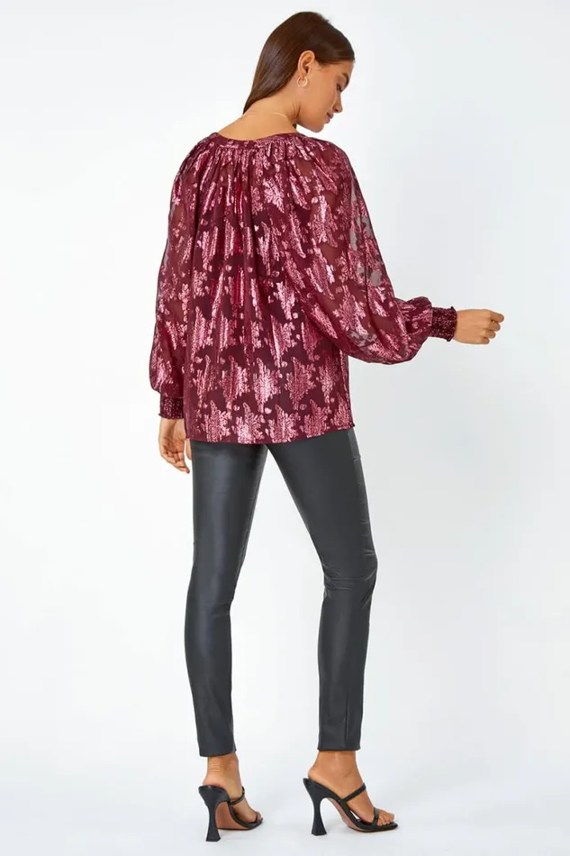 Women Wine Abstract Metallic Print VNeck Blouse Roman Tops