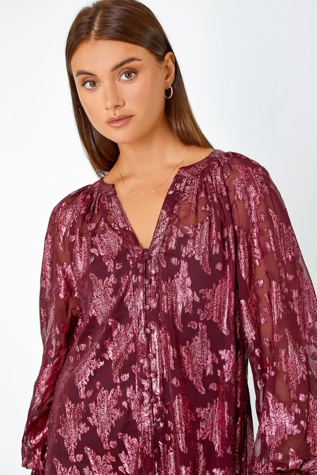 Women Wine Abstract Metallic Print VNeck Blouse Roman Tops